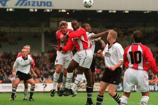 Steve Bruce in action for Sheffield United at Port Vale.