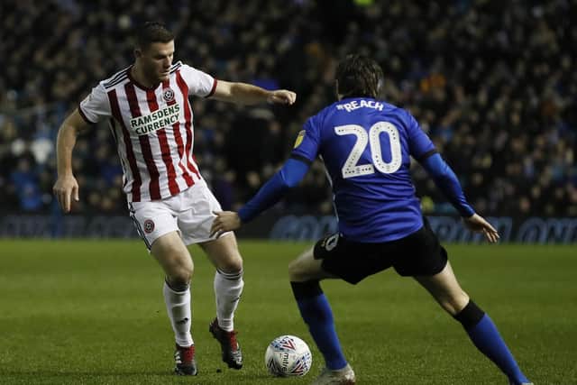 Jack O'Connell of Sheffield Utd faces Adam Reach of Sheffield Wednesday during the Sky Bet Championship match at the Hillsborough Stadium, Sheffield. Picture date: 4th March 2019. Picture credit should read: Simon Bellis/Sportimage