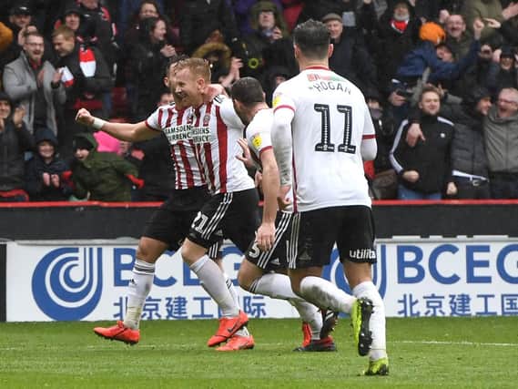 Sheffield United's Mark Duffy celebrates scoring his side's second goal: Anthony Devlin/PA Wire
