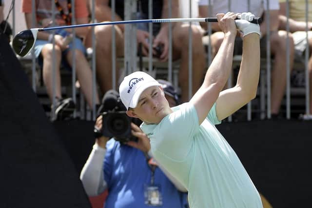 Matt Fitzpatrick watches his tee shot on the first hole during the final round of the Arnold Palmer Invitational
