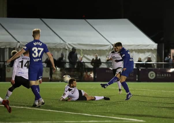 Picture by Shibu Preman / ahpix.com;
Football; Season 2018/19; Nation League; Conference premier; Vanarama National League; Chesterfield vs Bromley;
7:45pm Tuesday;  12th March;
Hayes Lane; Bromley stadium;
Chesterfield midfielder Joe Rowley (16) goal scoring shot
Copyright picture; 
Howard Roe; 
07973 739229;