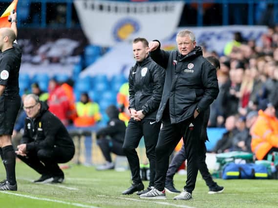 Sheffield United manager Chris Wilder and Leeds United manager Marcelo Bielsa (second left) at Elland Road: Richard Sellers/PA Wire.