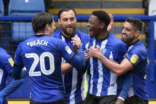 Sheffield Wednesday players mob Dominic Iorfa after his goal.......Pic Steve Ellis
