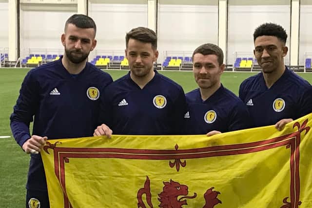 The five players looking to win their first Scotland caps (from left to right) Liam Kelly, Marc McNulty, John Fleck, Liam Palmer and Stuart Findlay training in Astana ahead of Thursdays opening Euro 2020 qualifier against Kazakhstan. Gavin McCafferty/PA Wire.