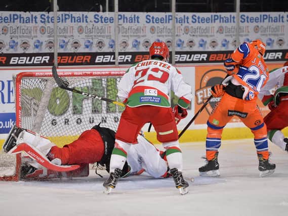 Jono Phillips attacks Cardiff's net. Pic by Dean Woolley