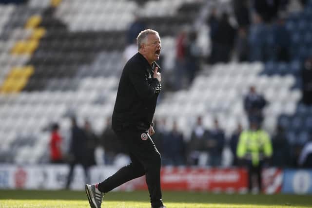 Chris Wilder shows his appreciation to the supporters after the final whistle: Simon Bellis/Sportimage