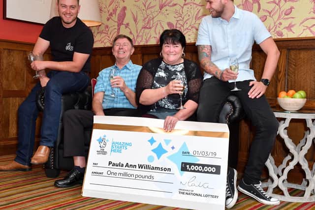 Paula Williamson with her husband Geoff and their two sons, Jack (right) and Ian at Wentbridge House Hotel, Wentbridge, Pontefract, West Yorkshire. Picture: Jason Roberts/National Lottery/PA Wire