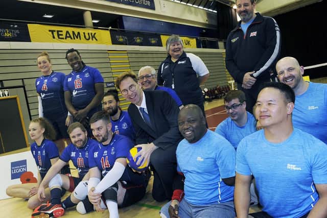 The Minister for Defence People and Veterans Tobias Ellwood with Team UK and Sheffield Volleyball Club.