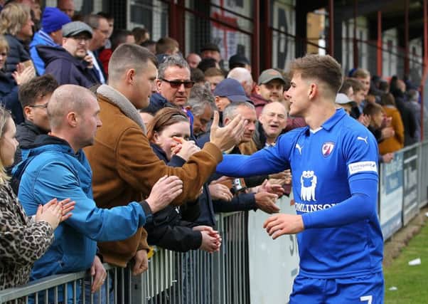 Picture by Gareth Williams/AHPIX.com; Football; Vanarama National League; Maidenhead United v Chesterfield FC; 27/4/2019 KO 15.00; York Road; copyright picture; Howard Roe/AHPIX.com; Chesterfield's Charlie Carter greets the fans after the game