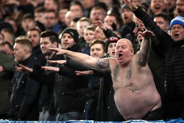 Sheffield Wednesday fan Paul "Tango" Gregory (second right) in the stands at Stamford Bridge, London. Pic: Nick Potts/PA Wire.