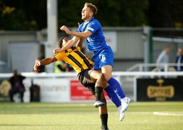 Picture by Matt Bristow/AHPIX.com;Football;Vanarama;Conference Premier;
Maidstone United v Chesterfield FC;
29/09/2018  KO 3.00pm; The Gallagher Stadium;
copyright picture;Matt Bristow;07973 739229

Chesterfields defender Laurence Maguire rises to the ball