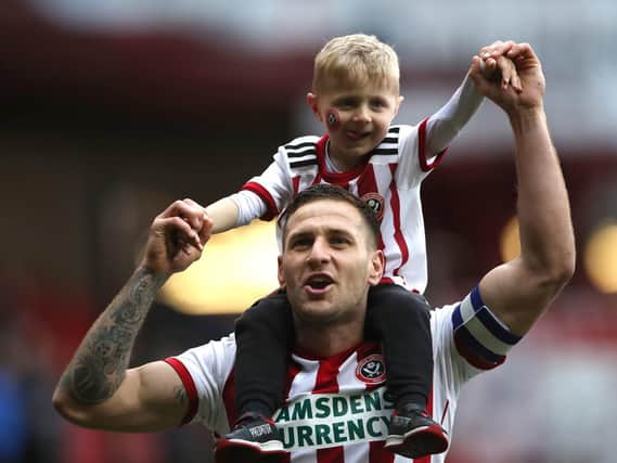 Sheffield United's Billy Sharp celebrates after the final whistle during the Sky Bet Championship match at Bramall Lane, Sheffield. Photo: Nick Potts/PA Wire.