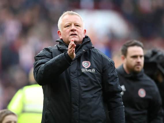 Sheffield United manager Chris Wilder celebrates after the final whistle during the Sky Bet Championship match at Bramall Lane, Sheffield. Nick Potts/PA Wire.