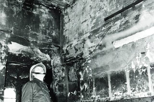 Sheffield Cathedral fire July 17, 1979
A fireman surveys the damage in the tower after the fire
