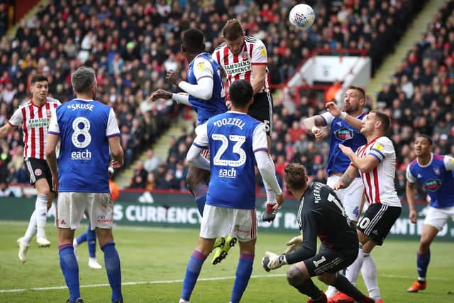 Sheffield United's Jack O'Connell scores his side's second goal of the game aginst Ipswich Town on Saturday. Picture: Nick Potts / PA Wire