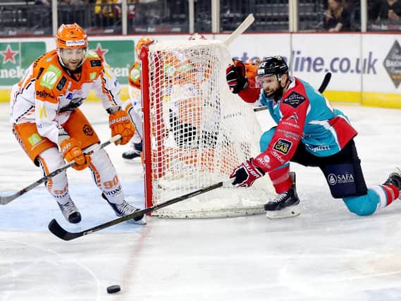 Belfast Giants' Blair Riley with Sheffield Steelers' John Armstrongat the SSE Arena, Belfast in 2017
