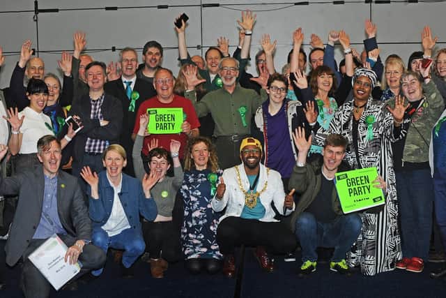 Lord Mayor of SHeffield Magid Magid, pictured celebrating with members of the Green party.  Picture: Marie Caley