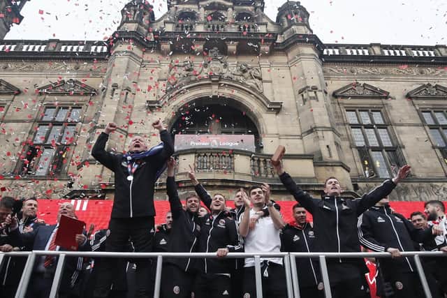 Sheffield United players and staff on stage outside the Town Hall. Picture: Simon Bellis/Sportimage