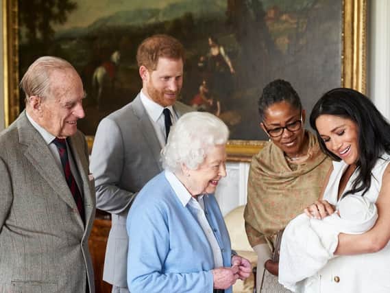 The Duke and Duchess of Sussex are joined by her mother, Doria Ragland, as they show their new son, born Monday and named as Archie Harrison Mountbatten-Windsor, to the Queen Elizabeth II and the Duke of Edinburgh at Windsor Castle.  Picture: Chris Allerton/copyright SussexRoyal