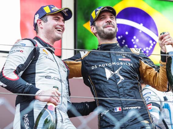Jean-Eric Vergne (FRA), DS TECHEETAH celebrates victory on the podium with Oliver Rowland (GBR), Nissan e.Dams, 2nd position during the Monaco E-prix at Monte Carl