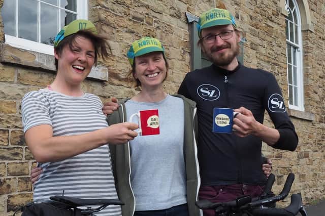All Points North cycling event: Organiser Angela Walker (centre) with first woman finisher Phillipa Battye and first make finisher Pavel Pulawski