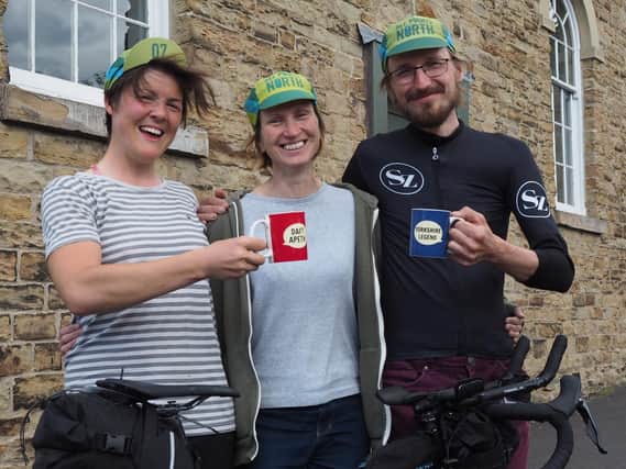 All Points North cycling event: Organiser Angela Walker (centre) with first woman finisher Phillipa Battye and first make finisher Pavel Pulawski