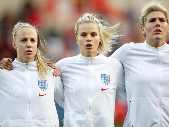 Beth Mead, Rachel Daly and Millie Bright of England England v Spain Women's International match, County Ground Stadium, Swindon, UK - 09 Apr 2019