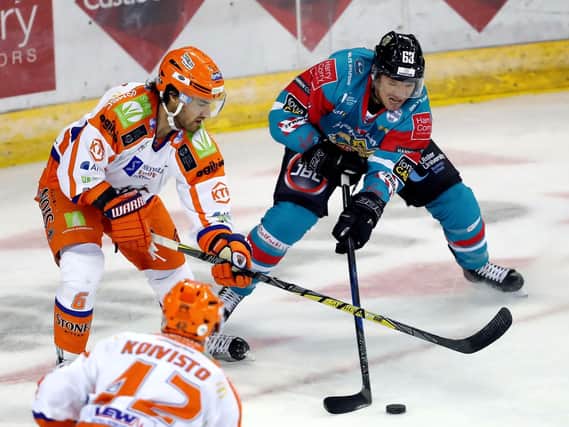 Flashback to 2017: Belfast Giants' Brendan Connolly with Sheffield Steelers' Scott Aarssen during Saturday nights Elite Ice Hockey League game at the SSE Arena, Belfast.   Photo by William Cherry/Presseye