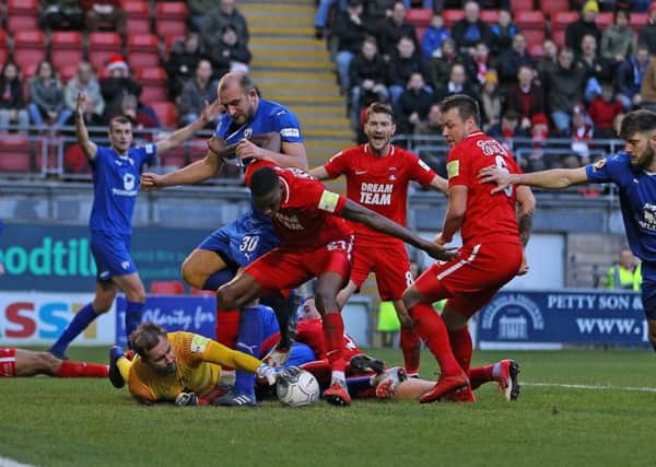 Picture by Gareth Williams/AHPIX.com; Football; Vanarama National League;  Leyton Orient v Chesterfield FC; 22/12/2018 KO 15.00; The Breyer Group Stadium; copyright picture; Howard Roe/AHPIX.com; Orient keeper Dean Brill survives a goalmouth scramble as Spireites grew into the game