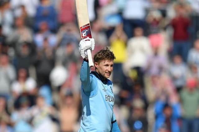 Joe Root acknowledges the crowd after hitting his ton against West Indies