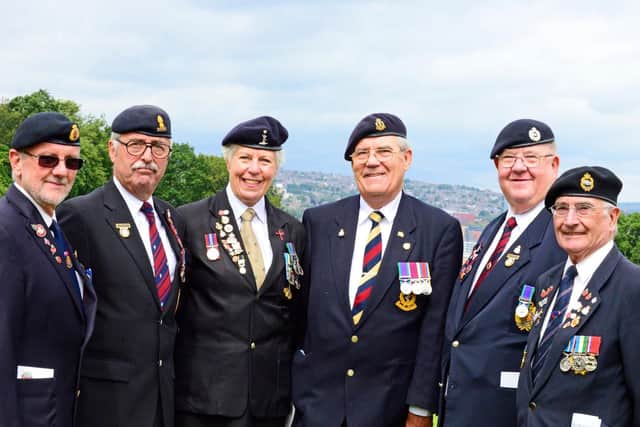 L-r Allan Walker, Merchant Navy, Alan Scholey, Major retired Royal Engineers, Gwynneth Wilkinson, RS, Bob Scott, retired captain royal army medical core, William Walker, Royal Engineers and Fred Hall, 2nd Tanks. Picture: Marie Caley NSST-13-06-19-D-Day75Drumheadservice-2