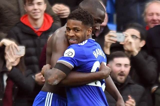Flashback: Kadeem Harris congratulates Cardiff City's Sol Bamba after the defender scored in a Premier League fixture last term