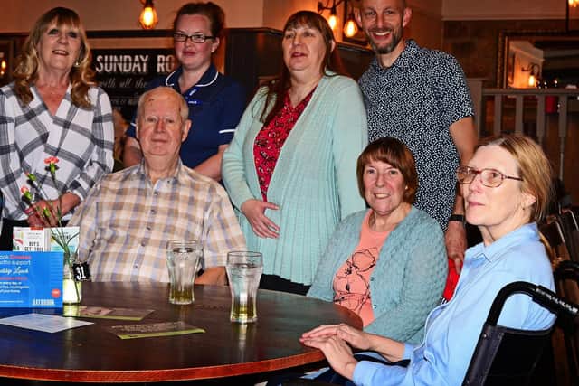 back l-r Kathy Markwick, Independent Community Services Consultant, Emma Kennedy, care supervisor, Dawn Cowan, attendee and Russ Elliott, entertainer. Front l-r Len Hopkins, Janice Jones and Jane Jackson, attendees. Picture: Marie Caley NSST-19-06-19-MemoriesOfFriends-1