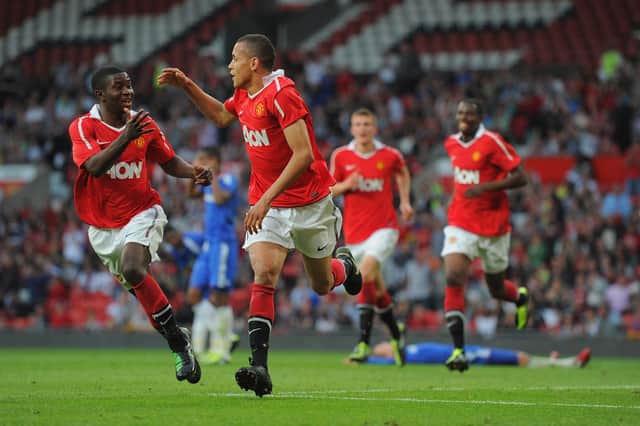 Ravel Morrison of Manchester United celebrates scoring to make it 1-0 during the FA Youth Cup Semi Final 2nd Leg between Manchester United and Chelsea at Old Trafford - (Photo by Michael Regan/Getty Images)