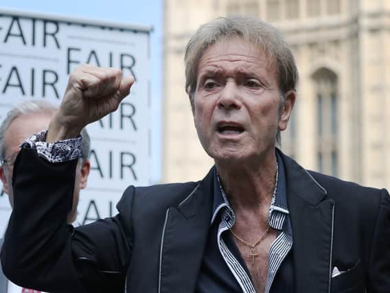 Sir Cliff Richard speaks at an event in Westminster, London, to launch a campaign for a ban on naming sexual crime suspects unless they are charged. Photo: Jonathan Brady/PA Wire.