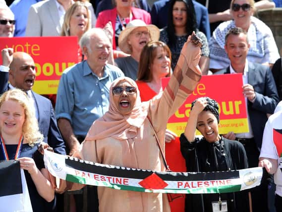 Councillors join the Campaign for Palestine gathered outside Sheffield Town Hall to protest after the council refused to debate their petition..Pic Steve Ellis
