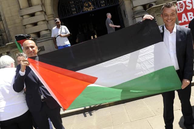 Councillors Mazher Iqbal and Bob Johnson joining the campaign to recognise Palestine as a state...Pic Steve Ellis