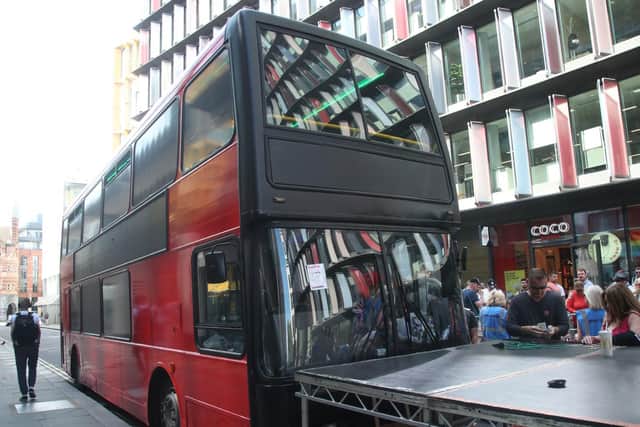 A double-decker bus screening pro-Tommy Robinson films parked in Old Bailey, which was issued with a Penalty Charge Notice as Robinson appeared the Old Bailey in London for a committal hearing for alleged contempt of court. Photo: Yui Mok/PA Wire
