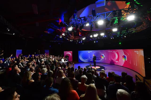 Boris Johnson on stage during the BBC Question Time Leaders Special in Sheffield. Photo by Jeff Overs/PA Wire