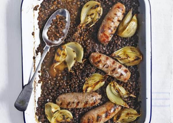 Sausage and lentil traybake