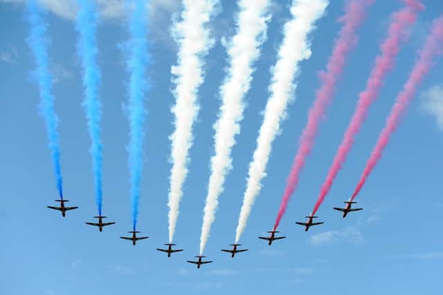 The Red Arrows perform a flypast during the Grand Depart at Harewood House, near Leeds, at the start of the 2014 Tour de France. PRESS ASSOCIATION Photo. Picture date: Saturday July 5, 2014. See PA story SPORT Tour . Photo credit should read: Asadour Guzelian/Daily Telegraph/PA Wire