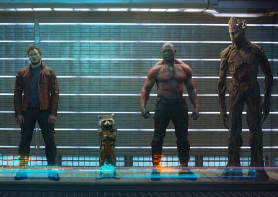 Marvel's: Guardians Of The Galaxy. good guys Peter Quill/Star-Lord (Chris Pratt), Rocket Raccoon (voiced by Bradley Cooper), Drax The Destroyer (Dave Bautista) and Groot (voiced by Vin Diesel).