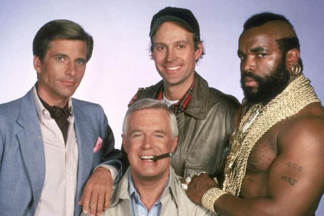 The A Team's Dirk Benedict, far left, as Templeton 'Faceman' Peck, with co-stars George Peppard as John 'Hannibal' Smith, Dwight Schultz as 'Howling Mad' Murdock and Mr. T as B.A. Baracus.