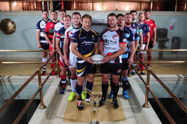 Pictured L to R: Ryan Jones (Bristol Rugby), Mike Powell (Moseley), Richard Beck (Yorkshire Carnegie), Michael Hills (Doncaster Knights), Iain Grieve (Plymouth Albion), Chris Pennell (Worcester Warriors), Chris Morgan (Cornish Pirates), Nick Fenton-Wells (Bedford Blues), Marshall Gadd (Rotherham Titans), Brent Wilson (Nottingham Rugby), Mark Bright (London Scottish), Alex Rae (Jersey Rugby) during the Greene King IPA Championship Launch on September 3rd 2014 at Greene King brewery in Bury St Edmunds, Suffolk.