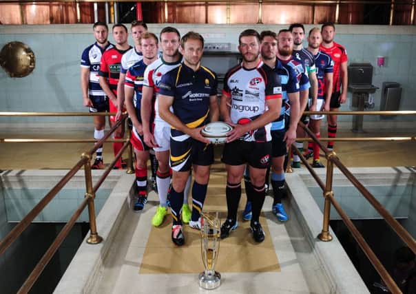 Pictured L to R: Ryan Jones (Bristol Rugby), Mike Powell (Moseley), Richard Beck (Yorkshire Carnegie), Michael Hills (Doncaster Knights), Iain Grieve (Plymouth Albion), Chris Pennell (Worcester Warriors), Chris Morgan (Cornish Pirates), Nick Fenton-Wells (Bedford Blues), Marshall Gadd (Rotherham Titans), Brent Wilson (Nottingham Rugby), Mark Bright (London Scottish), Alex Rae (Jersey Rugby) during the Greene King IPA Championship Launch on September 3rd 2014 at Greene King brewery in Bury St Edmunds, Suffolk.
