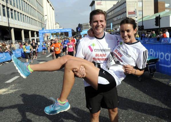 Allen Leech and Charlie Webster, competitors in the Great Yorkshire Run held in Sheffield on Sunday (28 September 2014).