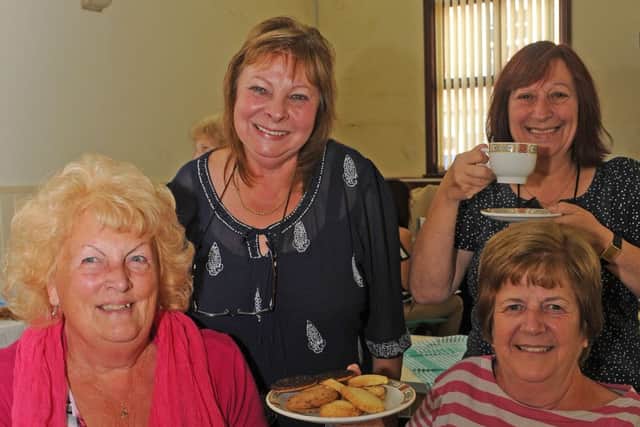 (Bottom left clockwise) Maggie Beighton, Chrissie Wronowski, Janette Burkinshaw, all of Belton with Susan Hill, Beltoft, enjoy a coffee at a Macmillan coffee morning at Epworth Imperial Hall. Picture: Andrew Roe