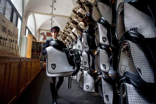 Groom Celeste Vrubel who is 18-years-old and has been working at the school for one week carries a exercise saddle in the tack room at the riding schools stables in the Austrian capital's Imperial Palace.