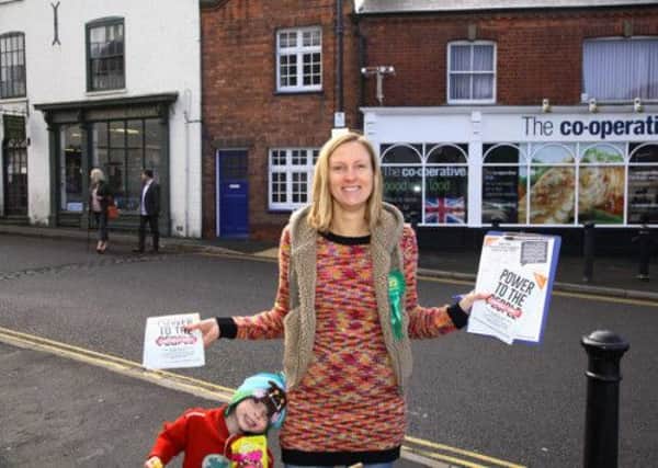 Natalie Hurst, Green Party PPC for Brigg & Goole in Epworth town centre campaigning against the signing of the Transatlantic Trade and Investment Partnership agreement.
