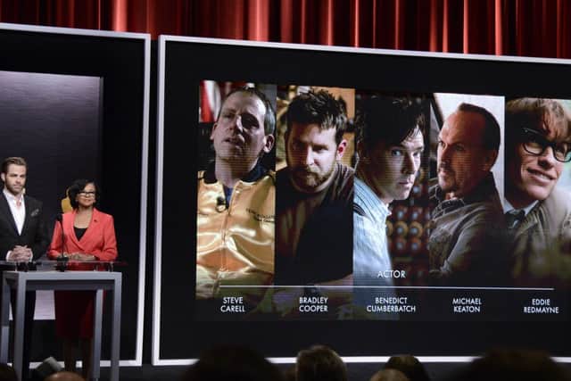 Chris Pine, left, and Academy President Cheryl Boone Isaacs announce the Academy Awards nominees for best actor in a leading role at the 87th Academy Awards nomination ceremony on Thursday, Jan. 15, 2015 in Beverly Hills, Calif. The 87th Annual Academy Awards will take place on Sunday, Feb. 22, 2015 at the Dolby Theatre in Los Angeles. (Photo by Dan Steinberg/Invision/AP)